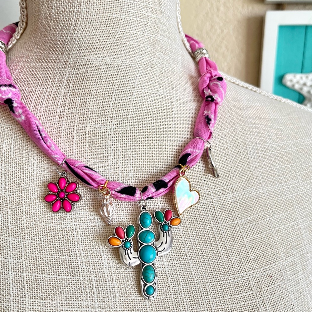 Bandana Pink and Turquoise Charm Necklace Costal cowgirl Western Style